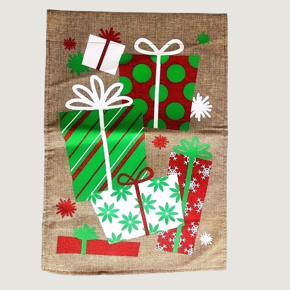 Festive Burlap Holiday Present Garden Flag Red Green Snowflakes Dots Stripes